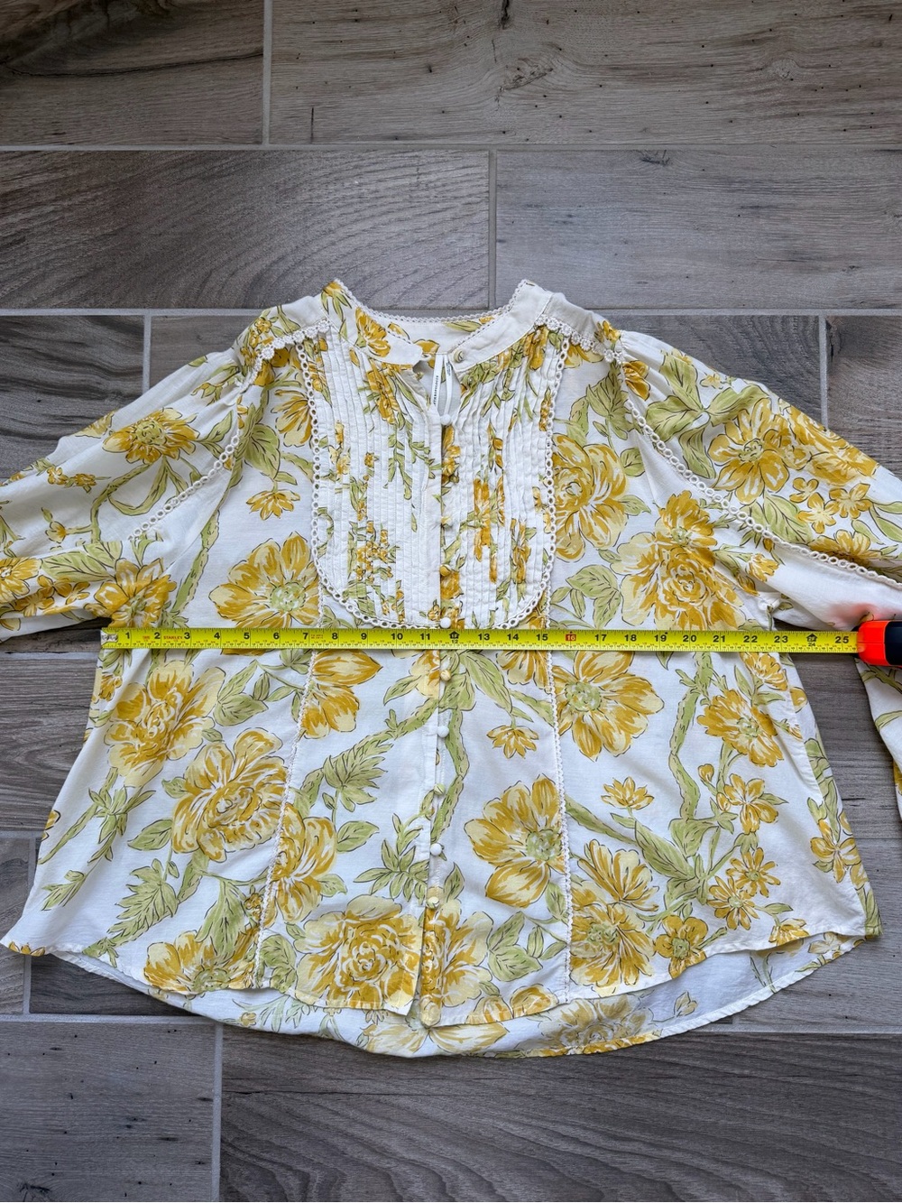 Peasant pintuck Anthropologie longsleeve yellow floral cottagecore buttondown XL - Picture 5 of 9